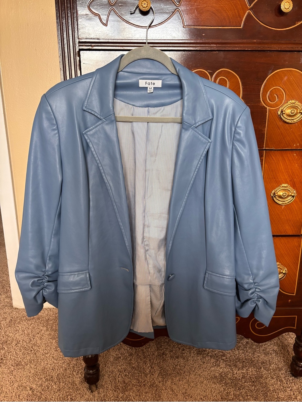Fate Light Blue Faux Leather Blazer Jacket